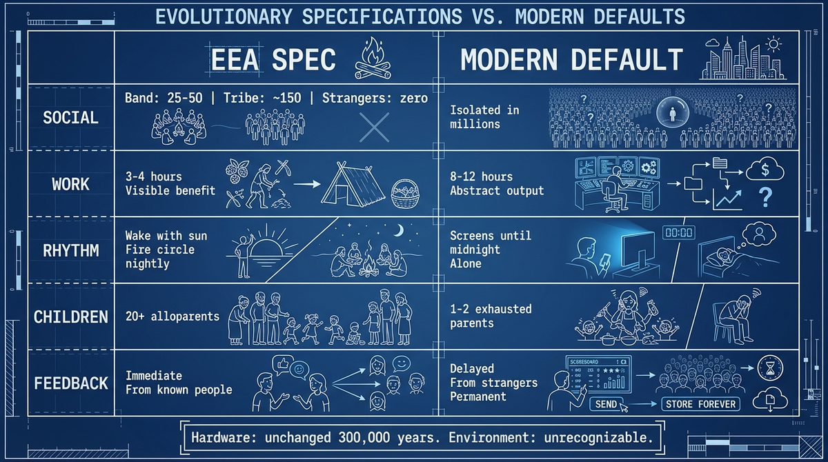Evolutionary Specifications vs Modern Defaults: Social, Work, Rhythm, Children, Feedback — EEA spec compared to modern default across every category