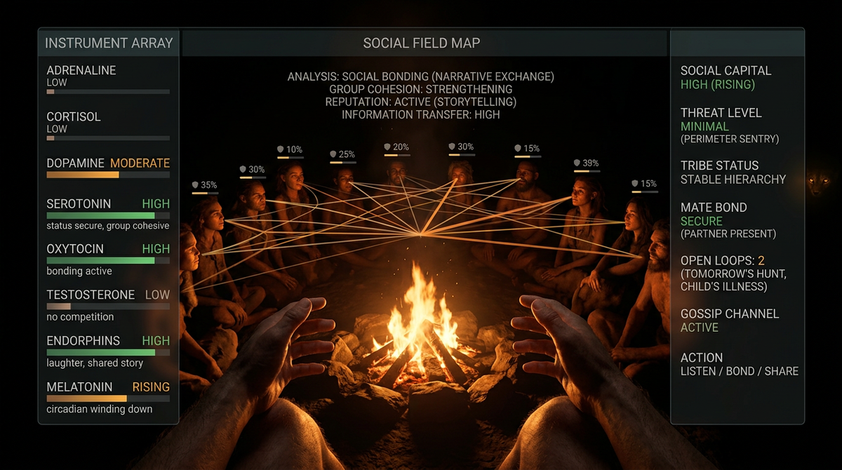 Firelight circle HUD: all systems matched, social field active