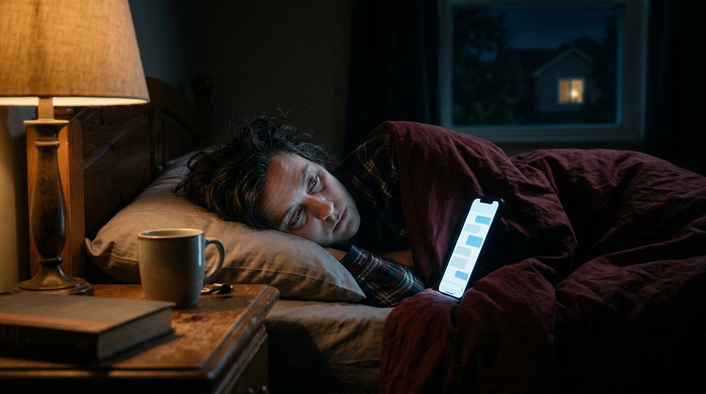 A bedroom at night, lit by a single bedside lamp and the cool blue glow of a phone screen propped on a pillow. A person in their thirties lies on their side facing the phone, eyes open, depleted - engaged with a chat interface but not nourished. A distant warm window-light visible through a darkened window outside.