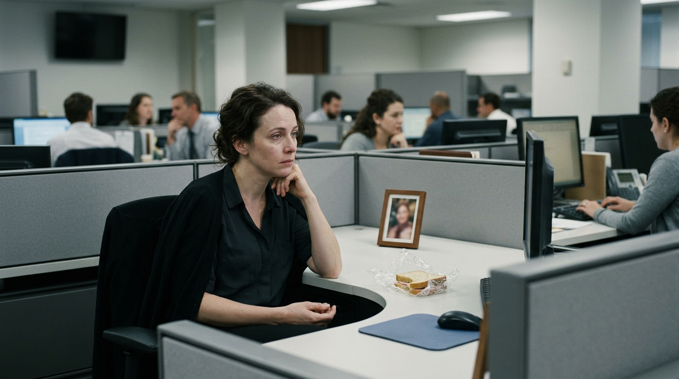 A modern office cubicle at lunchtime - a woman in her late thirties at her desk, half-eaten sandwich, a small framed photograph facing her, oblivious coworkers visible in the background through cubicle gaps. Cool fluorescent light, the specific flatness of office grief.