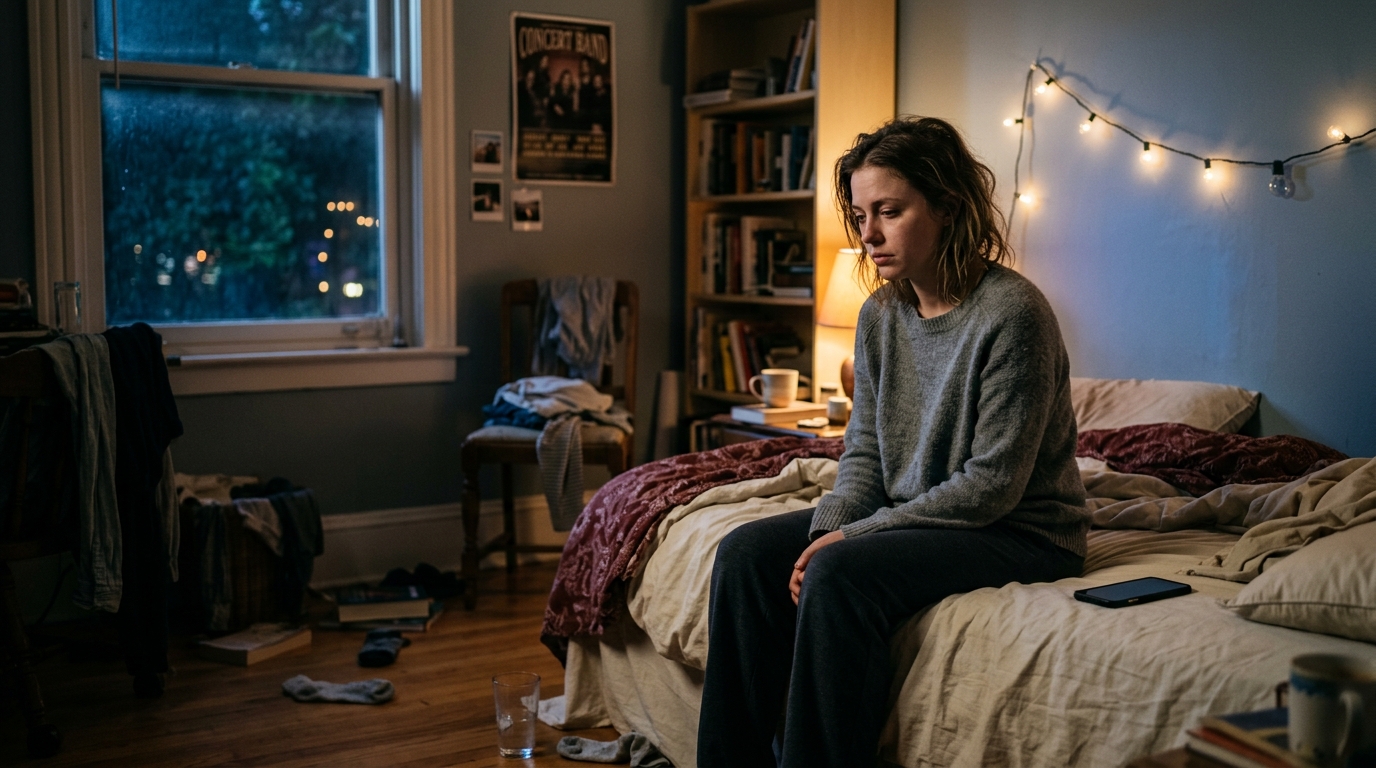 A young woman in her late twenties sits on the edge of an unmade bed, her phone face-down beside her. She has just stopped scrolling. Shoulders rounded - the diminishment of comparison. The room is real and good - laundry on a chair, a poster slightly crooked, fairy lights on with one bulb out - rendered invisible by the highlight reel she just consumed.