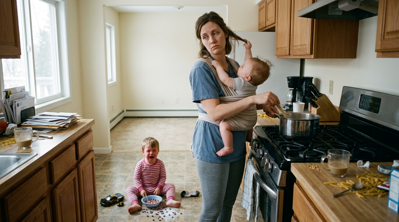 A mother in her mid-thirties at a kitchen stove, a baby in a chest carrier, a toddler at her feet mid-meltdown beside a spilled cereal bowl. The kitchen is messy in the way a real house with small kids is messy. Crucially, the house around her is empty - no grandmother, no neighbor, no helper. The absent village made visible.