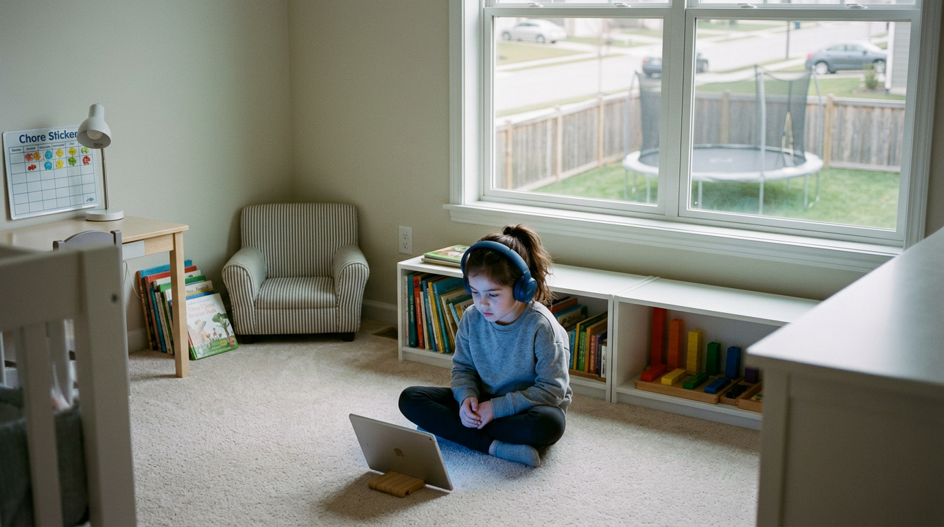 A seven-year-old girl sits cross-legged on a clean carpet in her tidy bedroom, headphones on, a tablet propped on a stand in front of her. Beautiful, calm, supervised. Her hands haven't moved in an hour. Through the window: a fenced backyard with an empty trampoline, a street with no children visible anywhere.